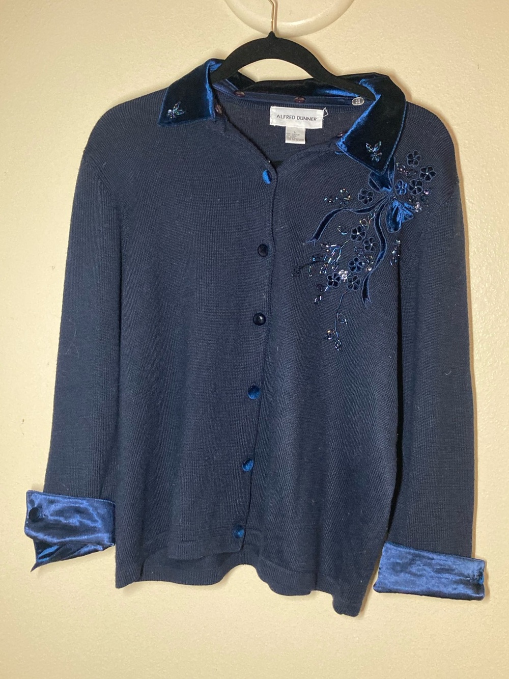 Vintage Alfred Dunner Beaded Floral Embroidery & Velvet Trim Navy Knit Sweater